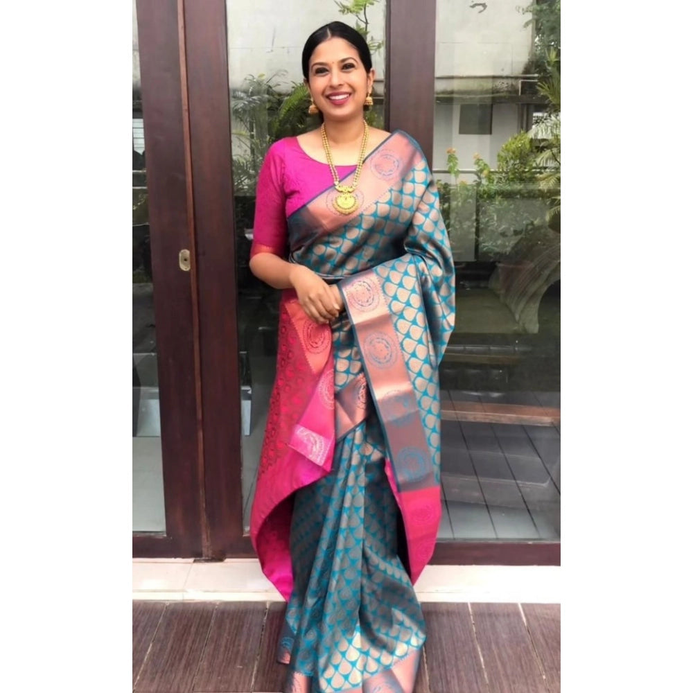 Blue litchi silk printed saree with unstitched blouse for casual occasions