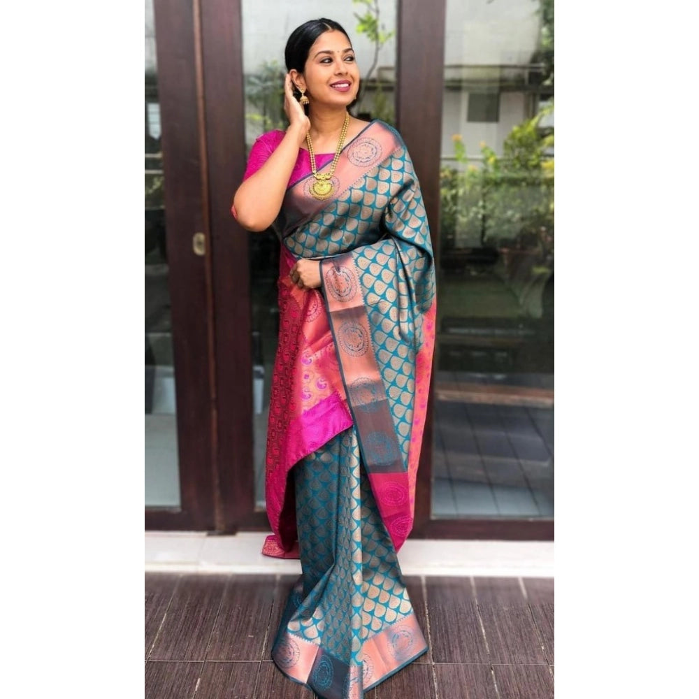 Blue Litchi silk printed saree with unstitched blouse for casual occasions