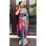 Blue Litchi silk printed saree with unstitched blouse for casual occasions