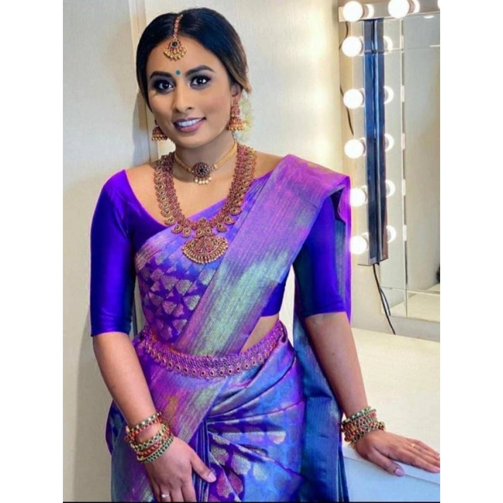 Blue litchi silk printed saree with unstitched blouse, perfect for casual occasions