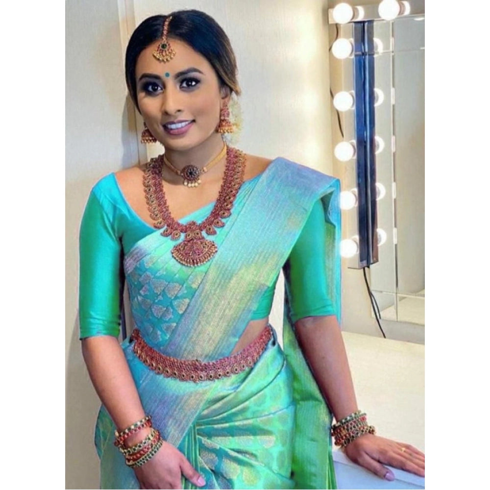 Green litchi silk printed saree with unstitched blouse, perfect for casual occasions