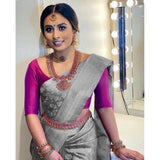 Grey litchi silk printed saree with unstitched blouse for casual occasions