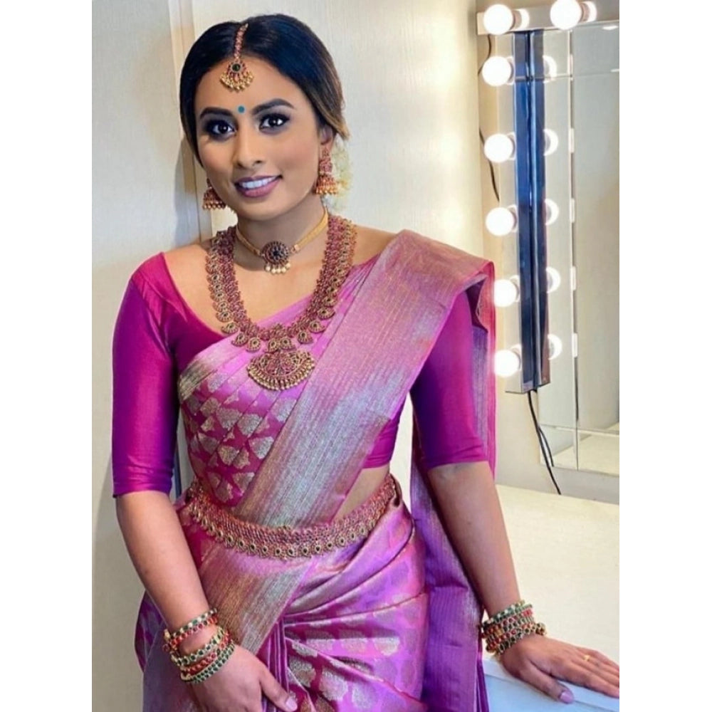 Pink litchi silk printed saree with unstitched blouse, casual wear for women