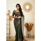 Green litchi silk printed saree with unstitched blouse - casual Indian women's fashion