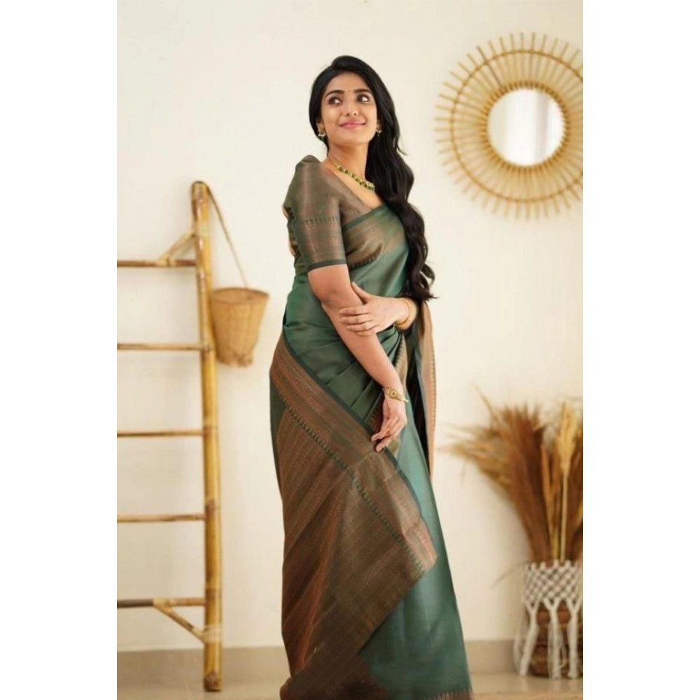 Green litchi silk printed saree with unstitched blouse for casual events