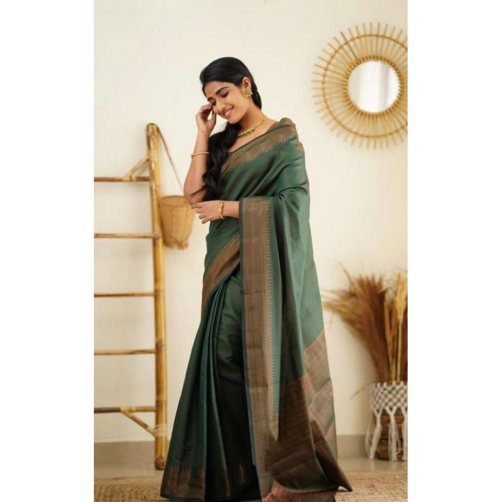 Green litchi silk printed saree with unstitched blouse for casual occasions