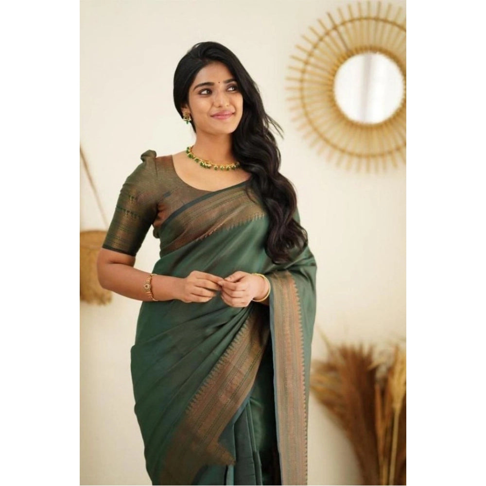 Green litchi silk printed saree with unstitched blouse, casual Indian women's wear accessory
