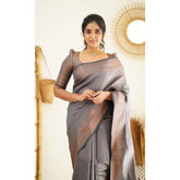 Women's Litchi silk Printed Saree With Unstitched Blouse (Grey)