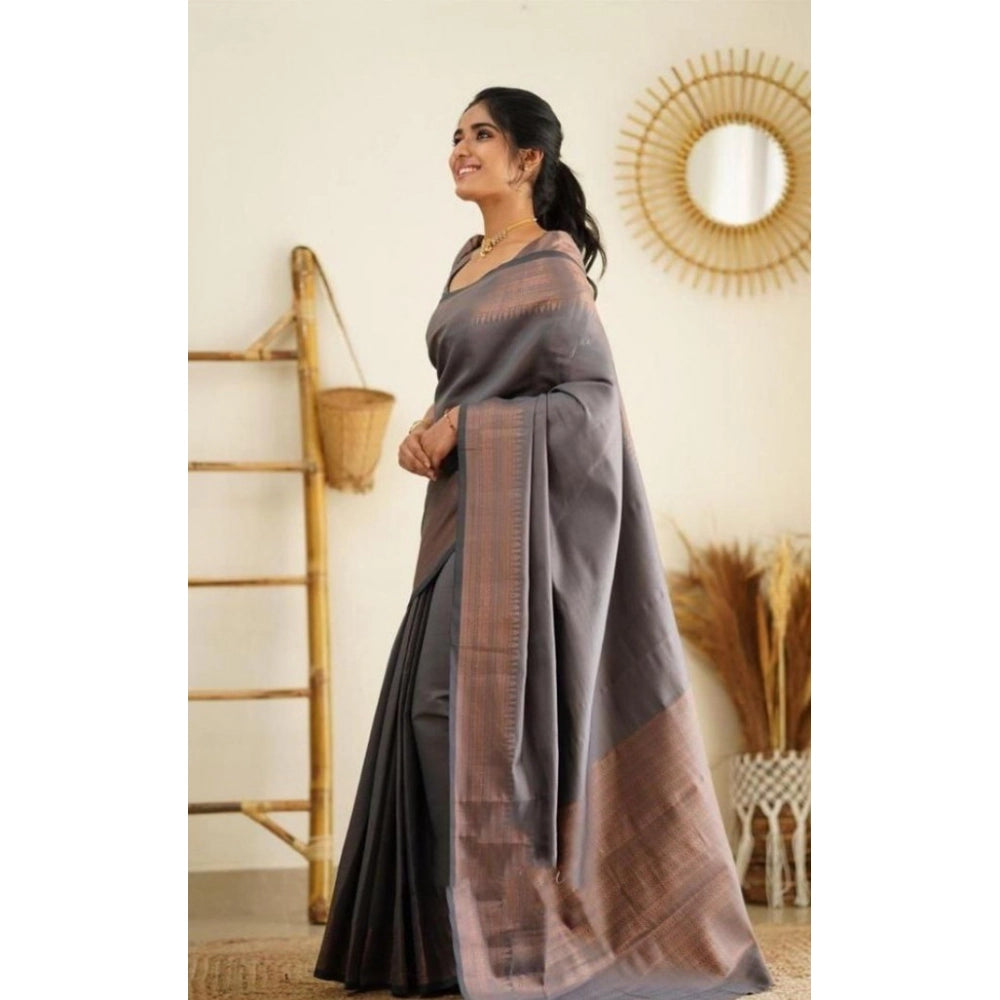 Grey Litchi silk printed saree with unstitched blouse, casual wear for women