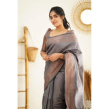 Grey Litchi silk printed saree with unstitched blouse, casual Indian women's fashion accessory