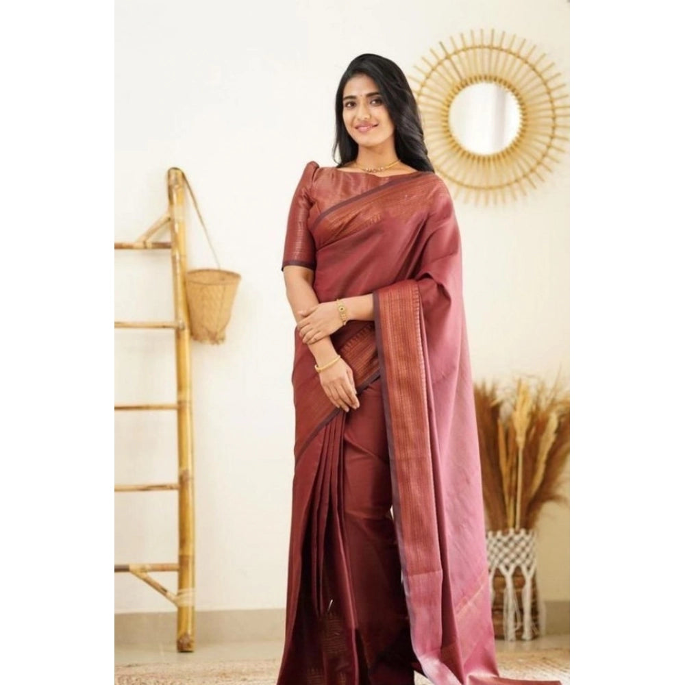 Maroon litchi silk printed saree with unstitched blouse - casual Indian women's wear on model