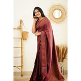 Maroon litchi silk printed saree with unstitched blouse, vibrant pattern for casual occasions