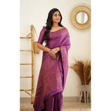 Purple litchi silk printed saree with unstitched blouse for casual occasions