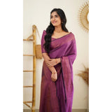 Purple litchi silk printed saree with unstitched blouse for casual occasions