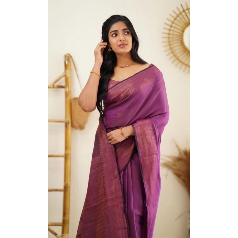 Purple litchi silk printed saree with unstitched blouse for casual occasions