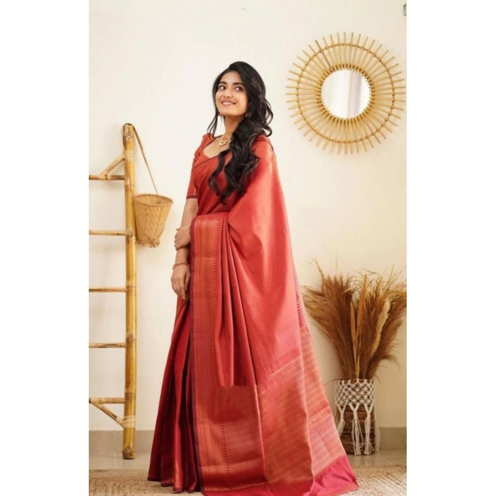 Red litchi silk printed saree with unstitched blouse - casual Indian women's wear