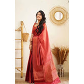 Red litchi silk printed saree with unstitched blouse - casual Indian women's wear