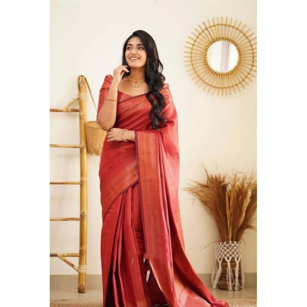 Red litchi silk printed saree with unstitched blouse for casual occasions
