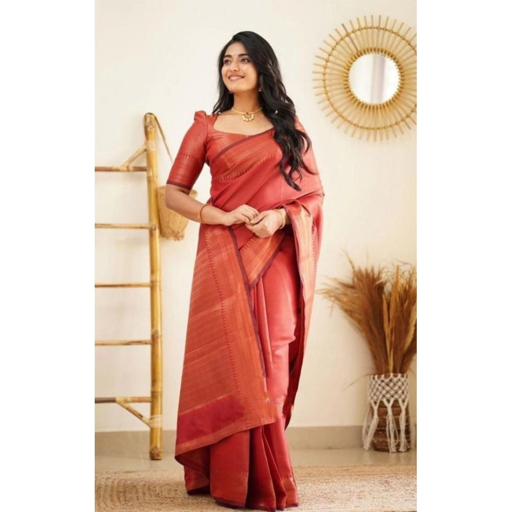 Red litchi silk printed saree with unstitched blouse for casual occasions