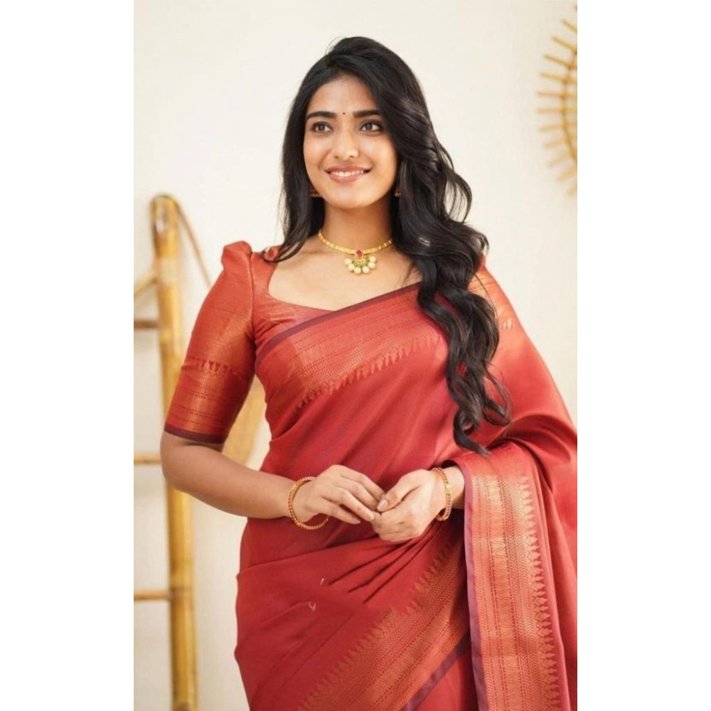 Red litchi silk printed saree with unstitched blouse for casual occasions