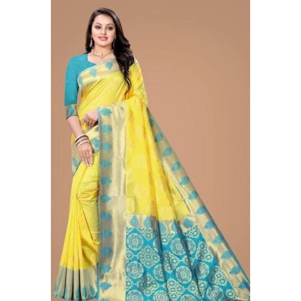 Yellow litchi silk printed saree with unstitched blouse for casual occasions