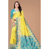 Yellow litchi silk printed saree with unstitched blouse for casual occasions