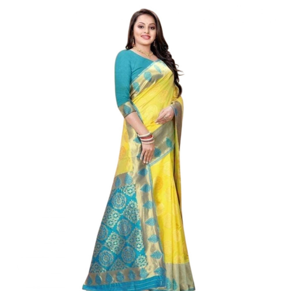 Yellow litchi silk printed saree with unstitched blouse for casual events