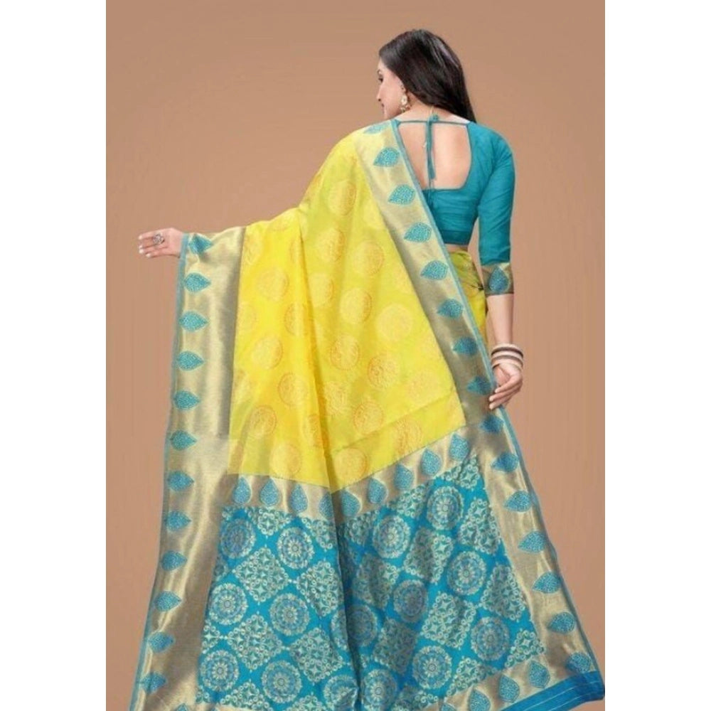 Yellow Litchi silk printed saree with unstitched blouse for casual occasions