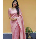Light pink litchi silk saree with unstitched blouse, intricate printed design for casual wear