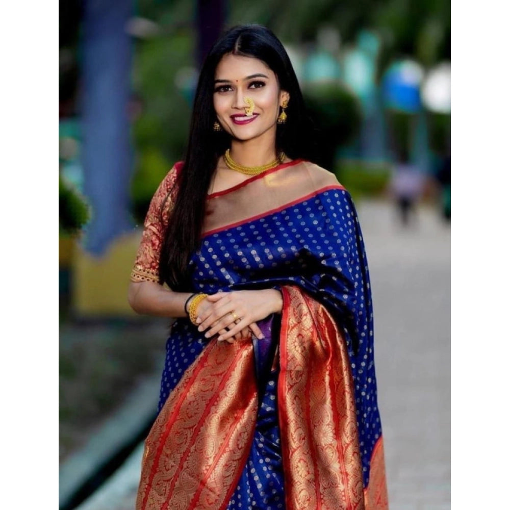 Blue litchi silk printed saree with unstitched blouse for casual occasions