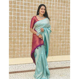 Blue litchi silk printed saree with unstitched blouse for casual occasions