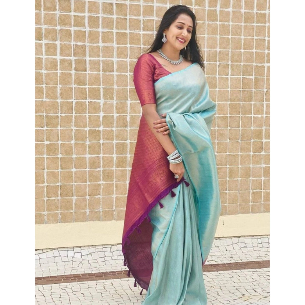 Blue litchi silk printed saree with unstitched blouse for casual occasions