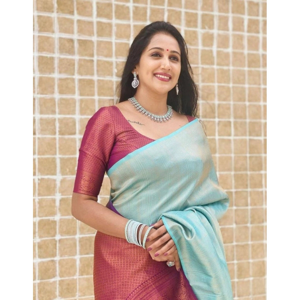 Blue litchi silk printed saree with unstitched blouse - casual women's traditional Indian wear