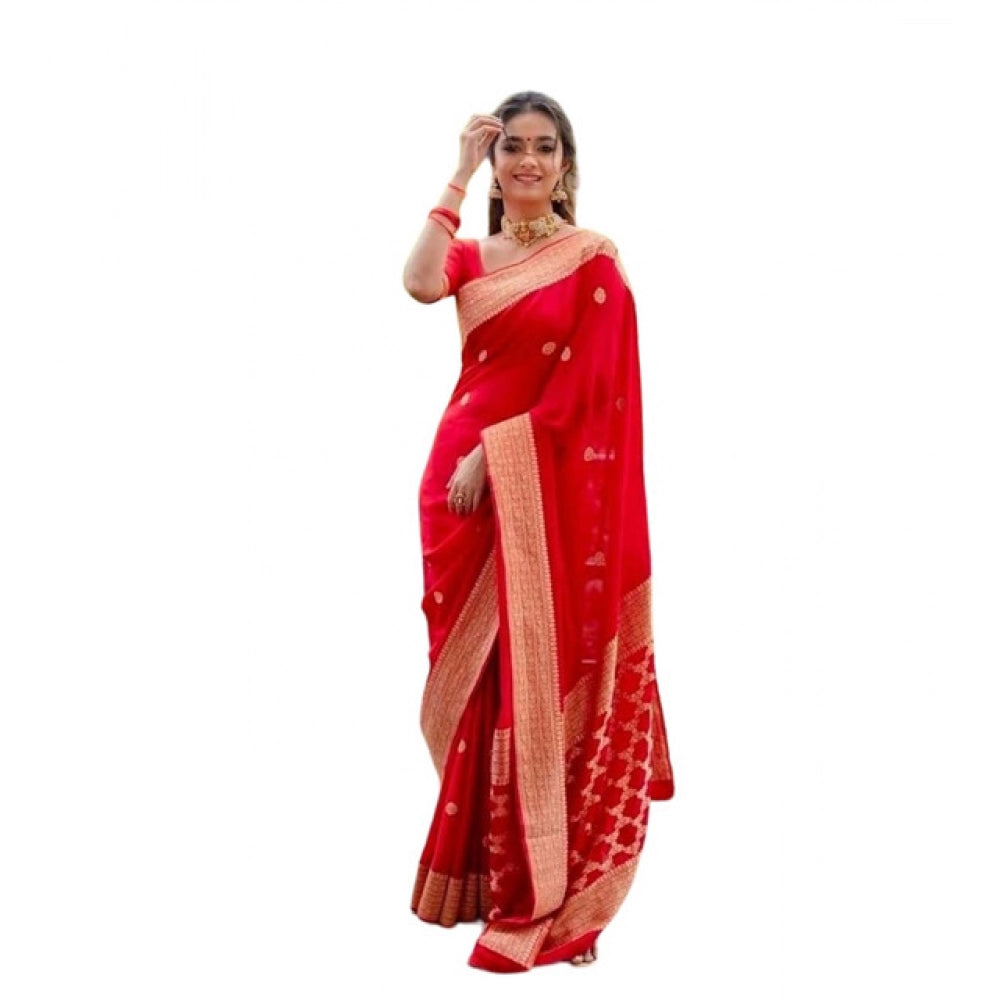 Red litchi silk printed saree with unstitched blouse for casual occasions