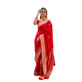 Red litchi silk printed saree with unstitched blouse for casual occasions