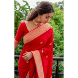 Red litchi silk printed saree with unstitched blouse, casual Indian wear for women
