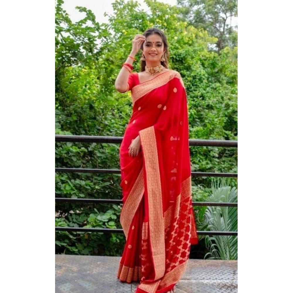 Red litchi silk printed saree with unstitched blouse, vibrant casual wear for women