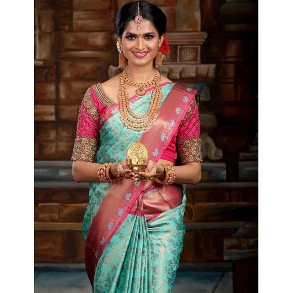 Turquoise blue litchi silk printed saree with unstitched blouse, casual Indian wear