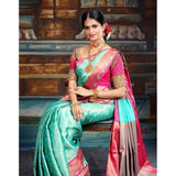 Turquoise blue litchi silk printed saree with unstitched blouse for casual occasions
