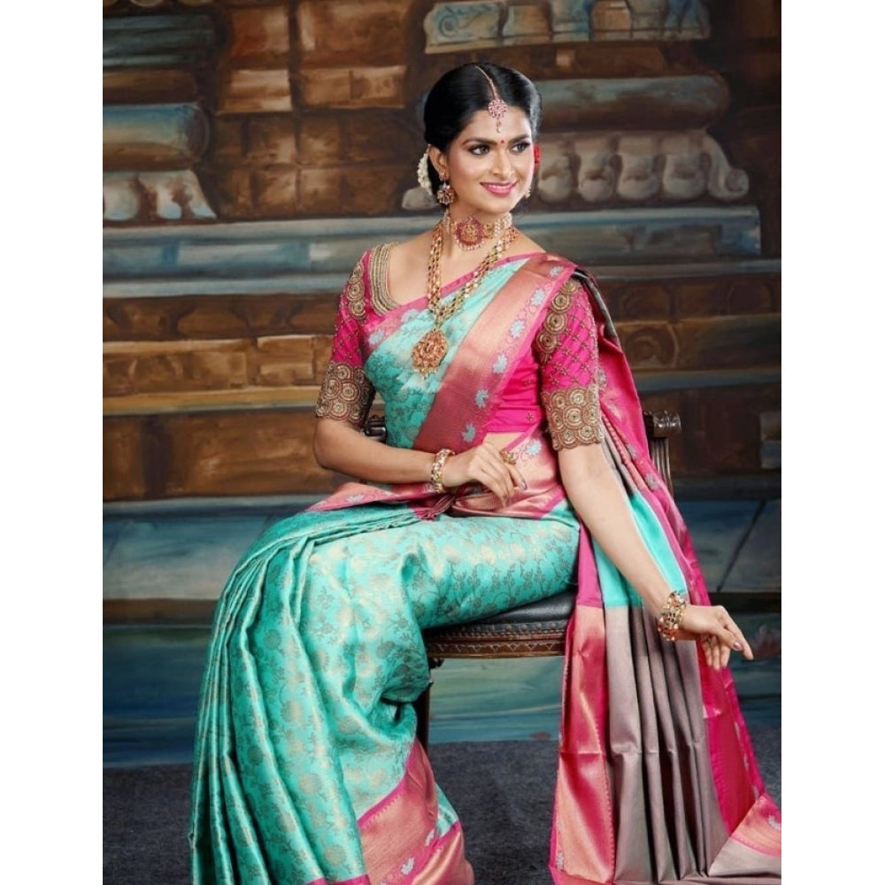 Turquoise blue litchi silk printed saree with unstitched blouse for casual occasions