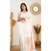 White litchi silk printed saree with unstitched blouse, perfect for casual occasions