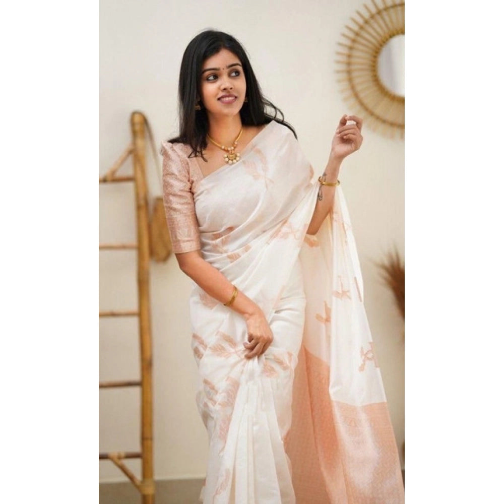 White litchi silk printed saree with unstitched blouse, casual Indian wear accessory on mannequin