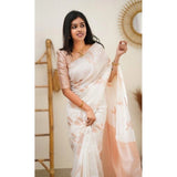 White litchi silk printed saree with unstitched blouse, casual Indian wear accessory on mannequin