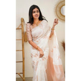 Women's Litchi silk Printed Saree With Unstitched Blouse (White)