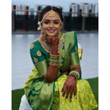 Light green litchi silk saree with unstitched blouse, vibrant print for casual occasions