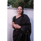 Black Litchi silk printed saree with unstitched blouse for casual occasions