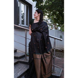 Black litchi silk printed saree with unstitched blouse for casual occasions