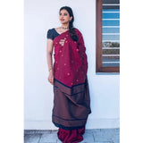 Red litchi silk printed saree with unstitched blouse for casual events