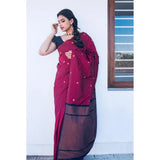 Red litchi silk printed saree with unstitched blouse for casual occasions