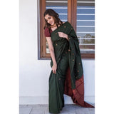 Dark green litchi silk printed saree with unstitched blouse for casual occasions